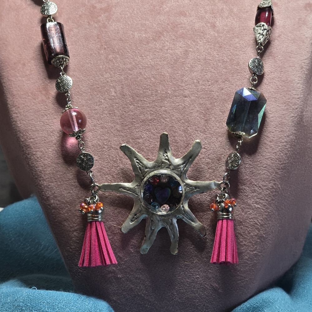 Sunburst Statement Necklace with Pink Tassels and Crystal Center
